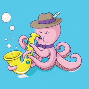 Teckning av en bläckfisk som spelar musik