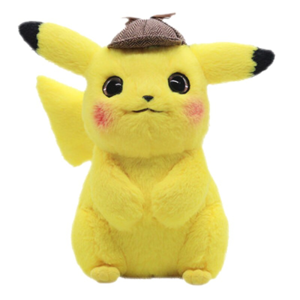 Pikachu plysch med en liten brun pikachu-mössa på huvudet