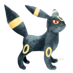 Stor plysch av Umbreon pokemon som ser ut som en svart räv med gula ränder och cirklar på pälsen