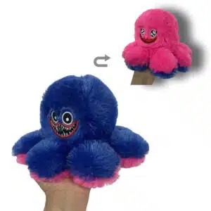 Två bläckfiskplyschor som hålls i två händer. En arg blå och en glad rosa. I mitten finns en svängpil. Vit bakgrund